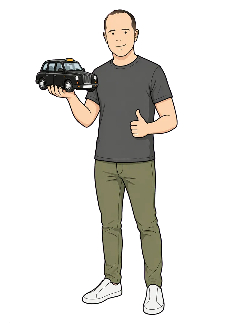 Ian Beevis holding a toy black cab with a thumbs up