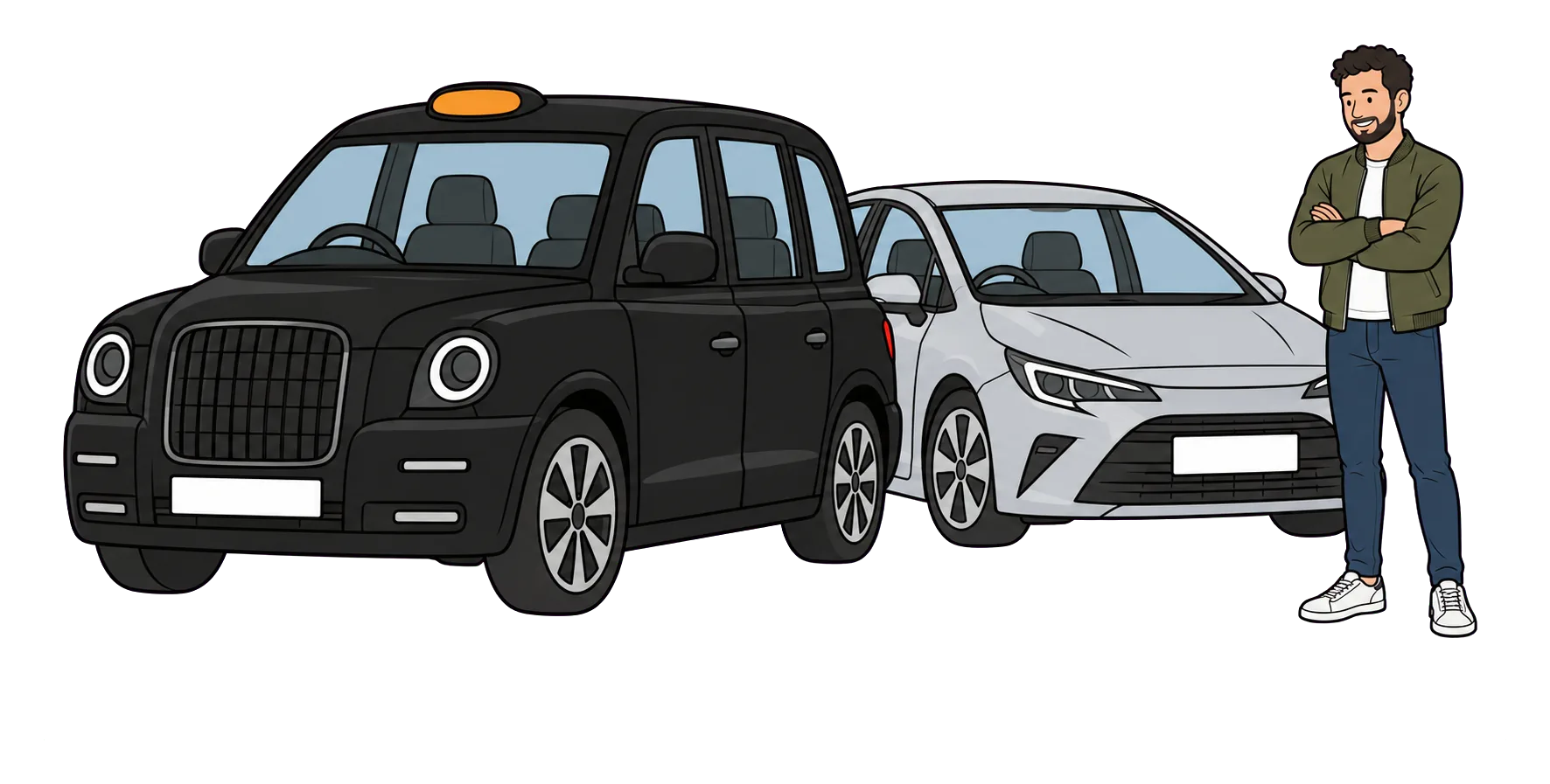 Taxi driver standing beside a black cab and a silver saloon