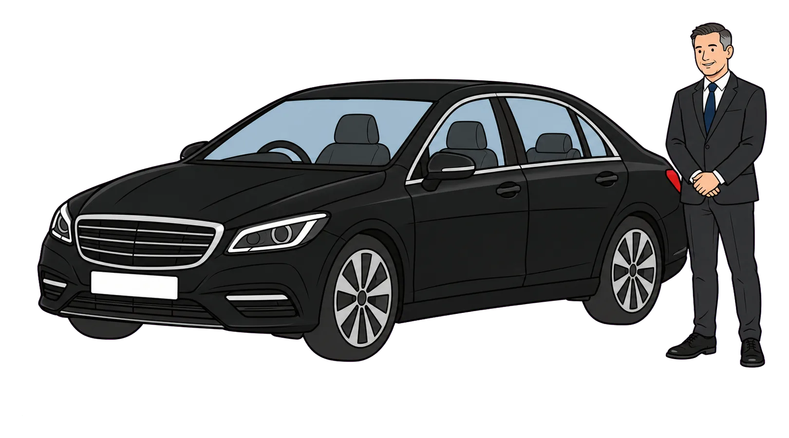 Chauffeur in a dark suit standing ready beside a black executive car