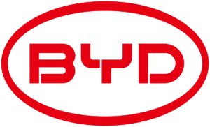 BYD logo. Red lettering "BYD" inside a red circle, on a green background.