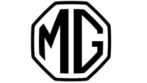 MG logo. White lettering in a white octagon, on a black background.