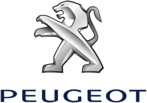 Peugeot logo: Silver lion standing on hind legs, roaring, above the blue "PEUGEOT" text.