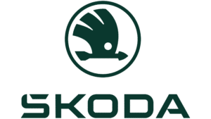 Skoda logo. Dark green winged arrow in circle above the word