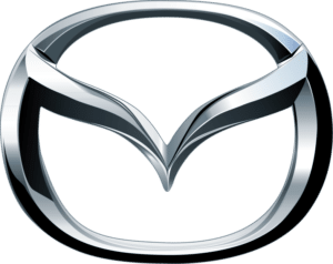 Mazda logo: Silver stylised wings inside a silver circle.