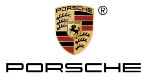 Porsche logo: gold crest with black horse, red and black stripes. "PORSCHE" text below.