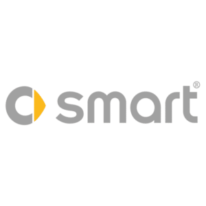Smart logo: Grey text with a yellow arrow inside a grey circle.
