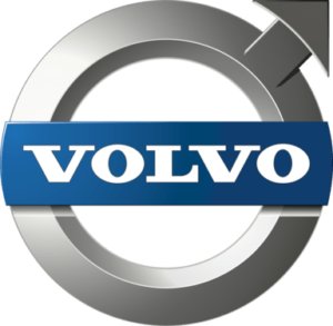 Volvo logo. Silver circle with arrow, blue bar displaying "VOLVO" in white.