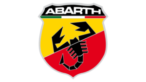 Abarth logo: black scorpion on a yellow and red shield, with Italian flag colours at the top.