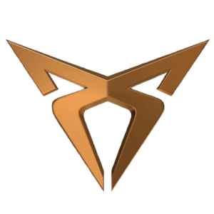 Cupra logo. Bronze-coloured, stylised, inverted triangle with arrowheads.