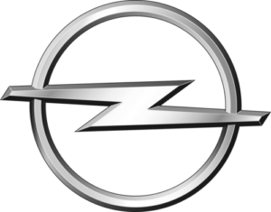 Opel logo: Silver circle bisected by a silver lightning bolt.
