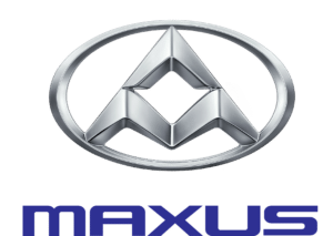 Maxus logo. Silver emblem inside an oval. "MAXUS" in blue text below.