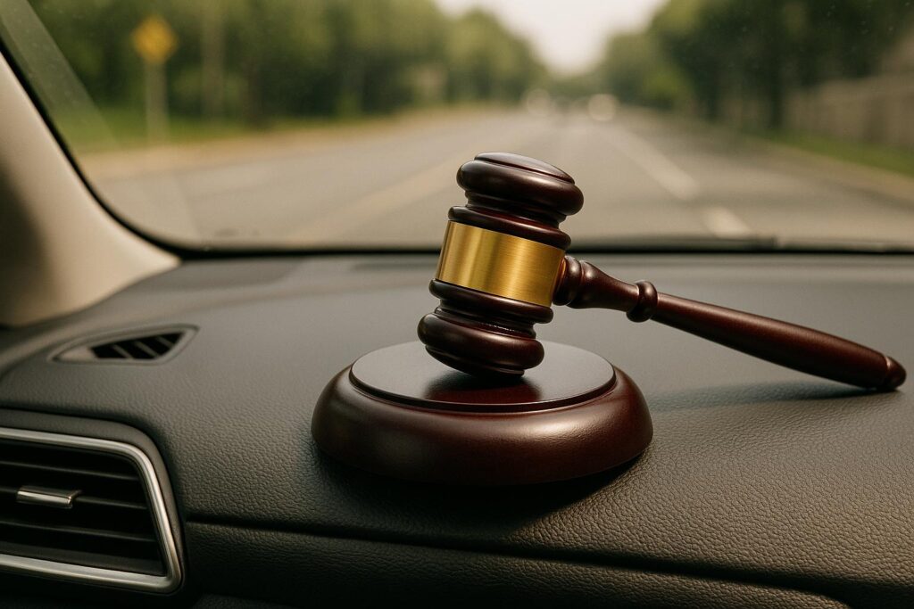 Gavel on a car dashboard. Brown wood, gold band. Road visible through windscreen.