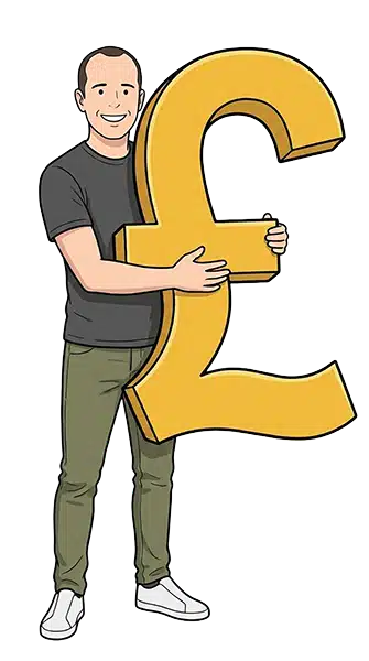 Ian hugging a large, gold pound sign.