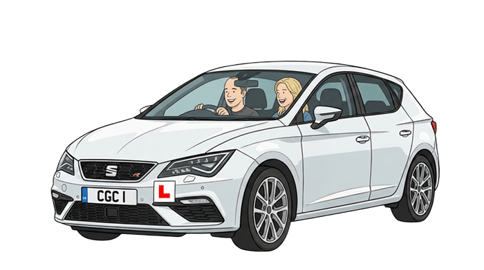 Cartoon of a white car being driven. "L" plate visible.