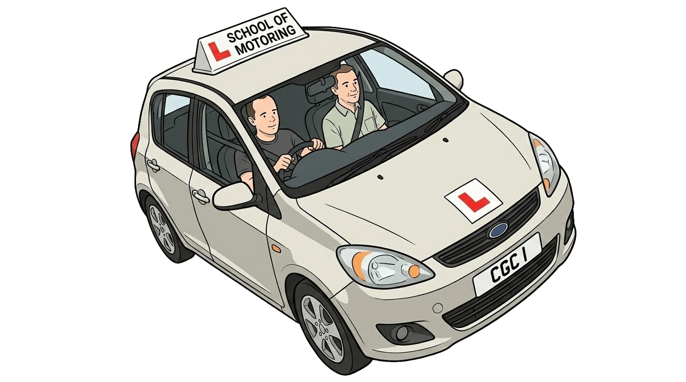 Illustration of a beige driving school car with instructor and learner.