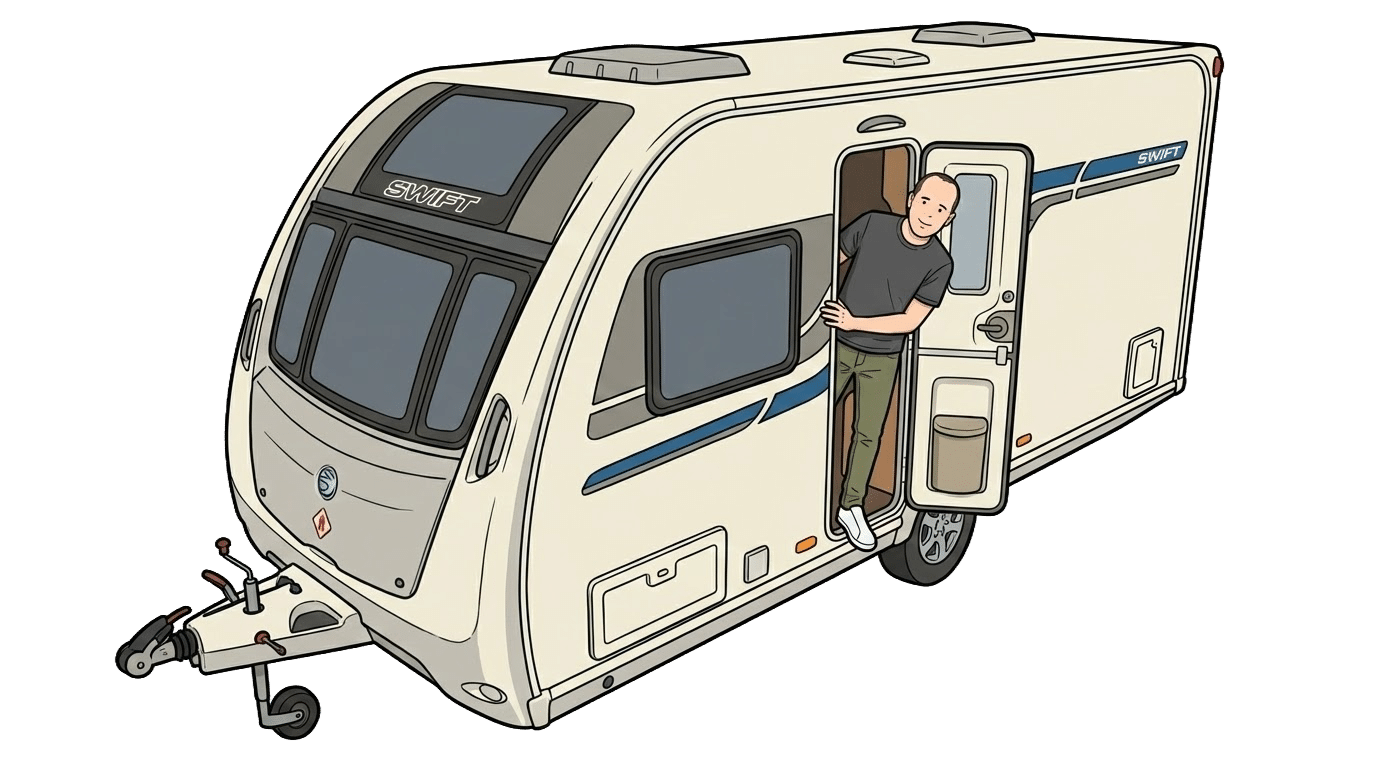 Man entering a cream-coloured Swift caravan. Blue stripe detail.