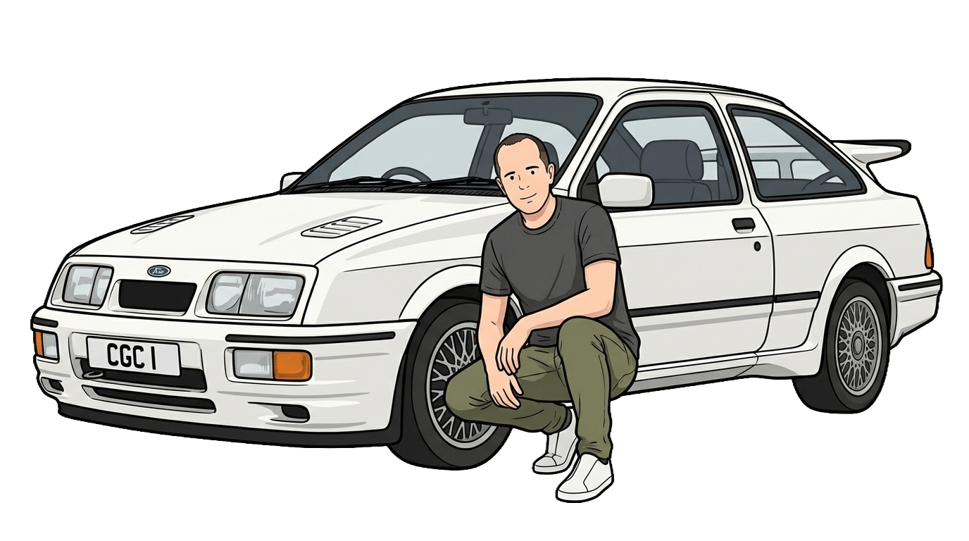 Illustration: Man crouching next to a white Ford Sierra RS Cosworth car.