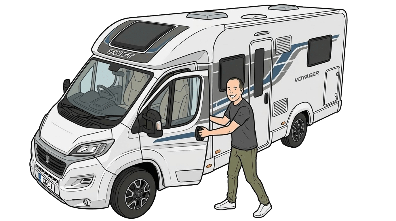 Ian-opening-the-door-of-a-swift-motorhome