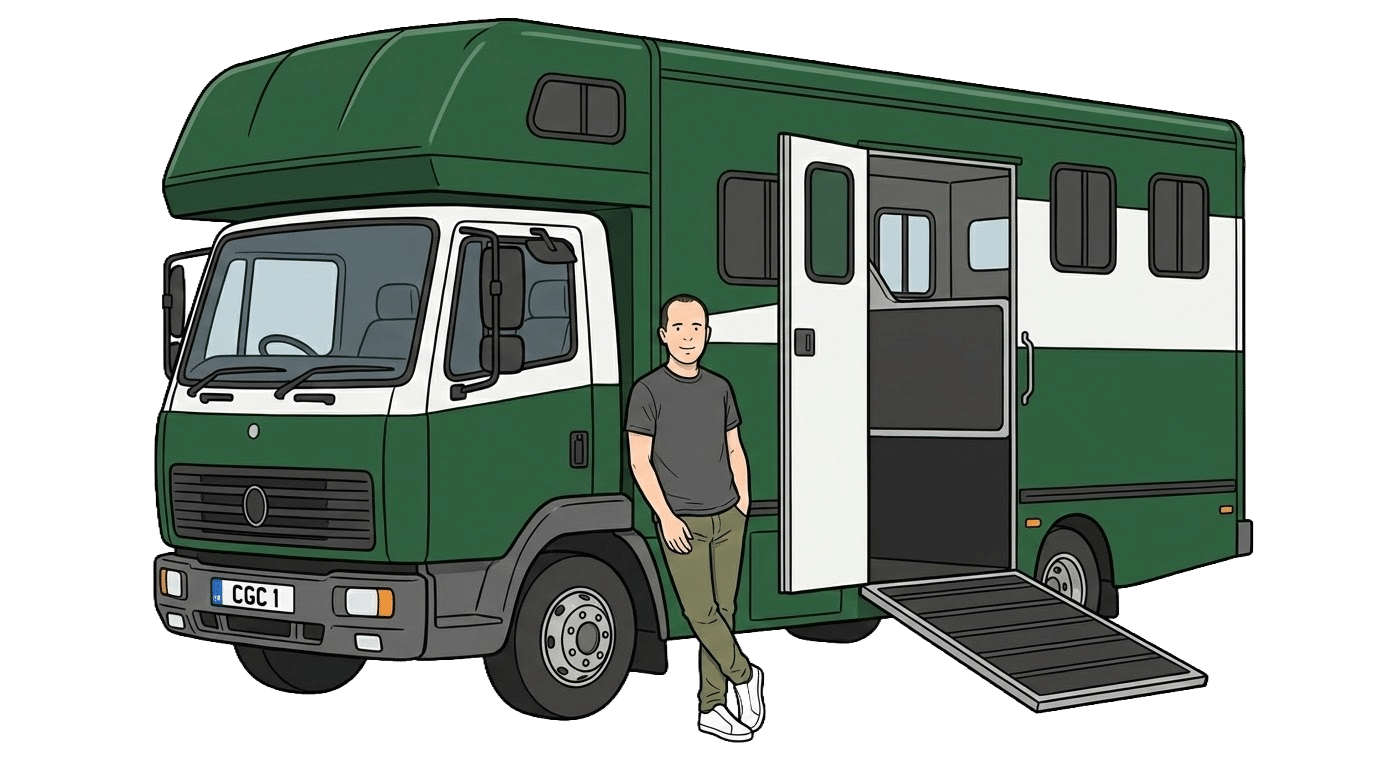 Illustration: Man leaning against a green and white horsebox with ramp down.