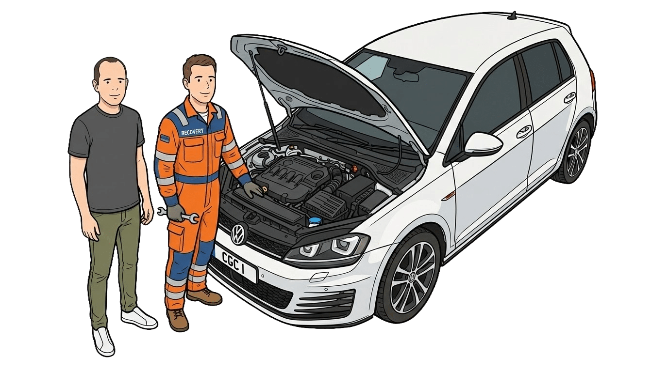 Cartoon: Mechanic in orange overalls repairs white car engine, watched by man in grey t-shirt.