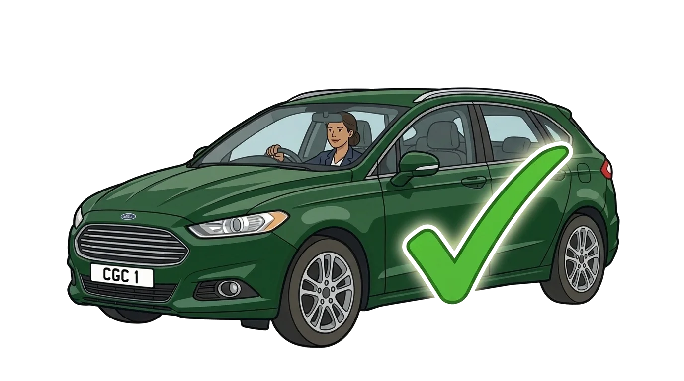Illustration of a car with driver and green tick