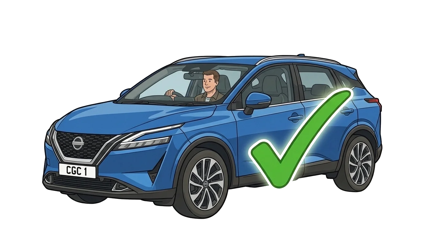 Illustration of a car with driver and green tick