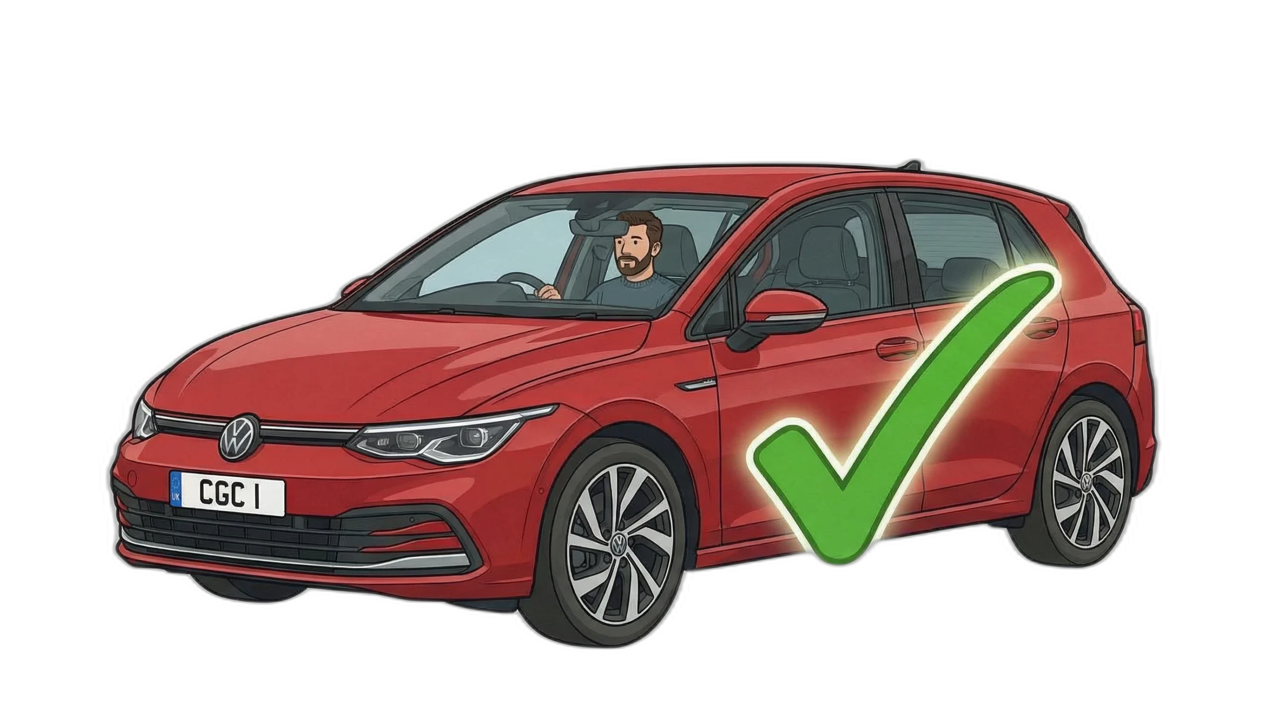 Illustration of a male driver in a red Volkswagen Golf - AC10 failing to stop or report an accident insurance