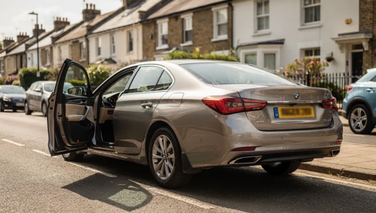Private hire saloon parked at a kerb with the rear door open