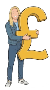 Sue holding a large, gold pound sign.