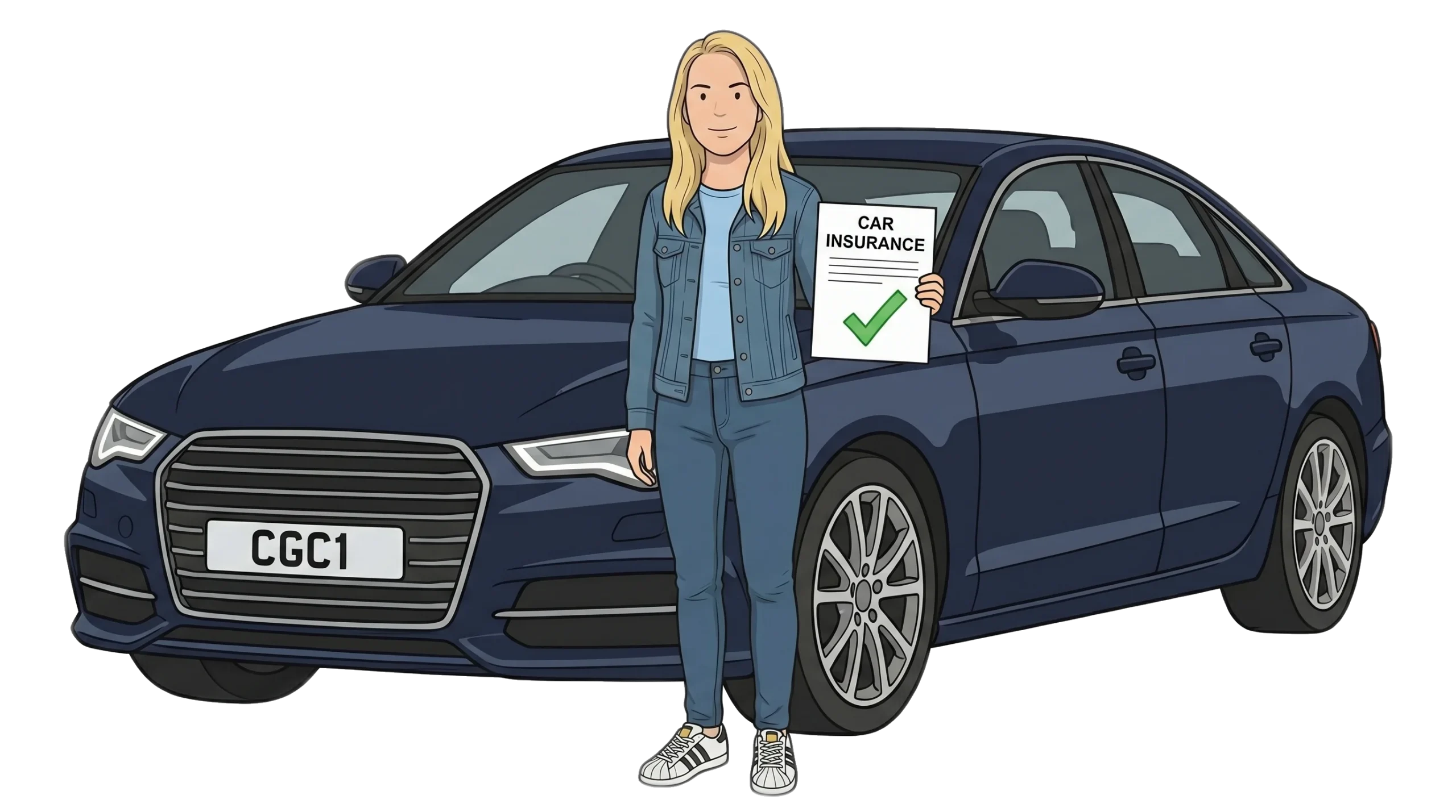 Sue Difford holding a car insurance policy document with a green tick, standing in front of a navy blue car with a CGC1 number plate