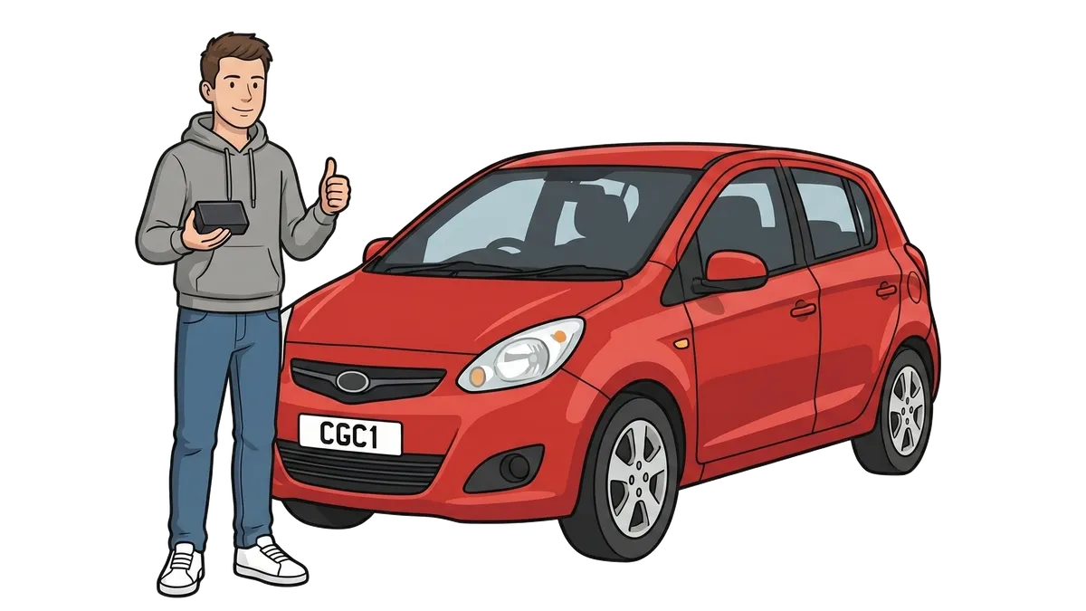 A young driver holding a black-box telematics device beside a red hatchback car with a CGC1 number plate.
