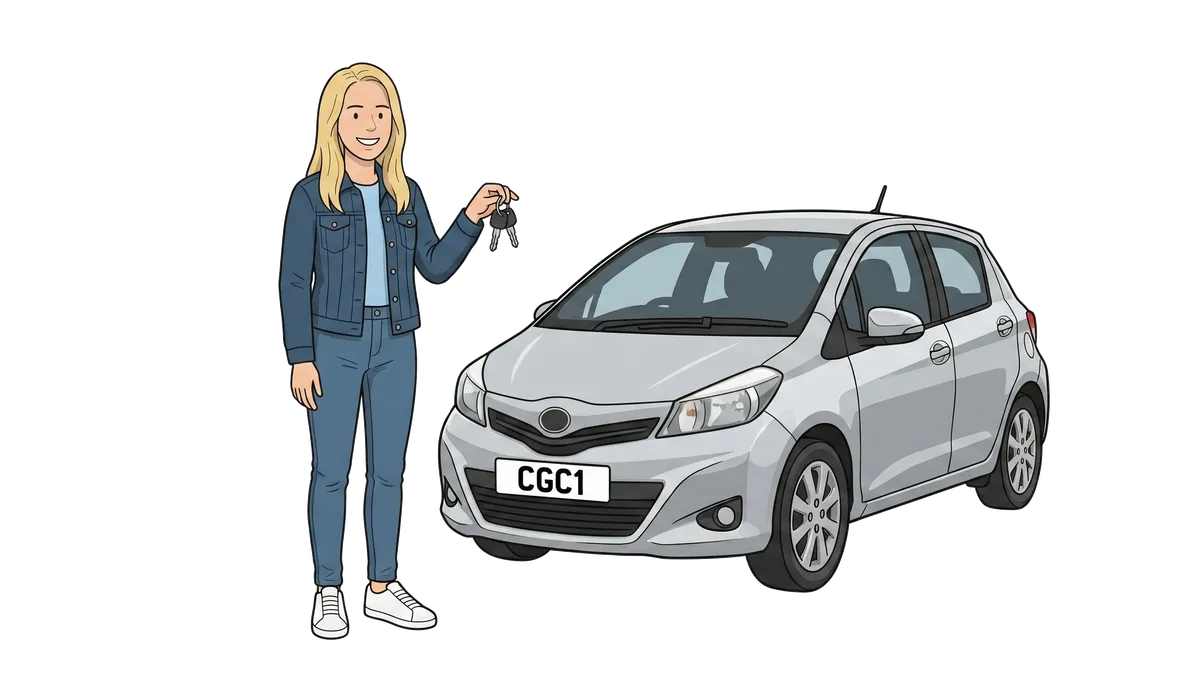 Susan Difford holding car keys beside a modern hatchback car.