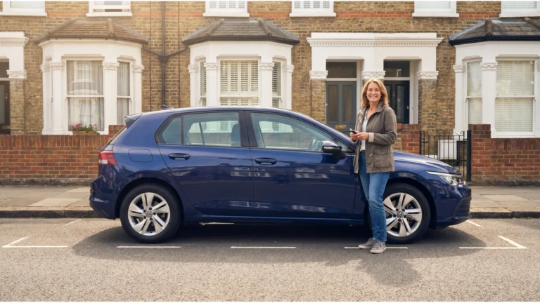 A driver standing beside a car on a residential street