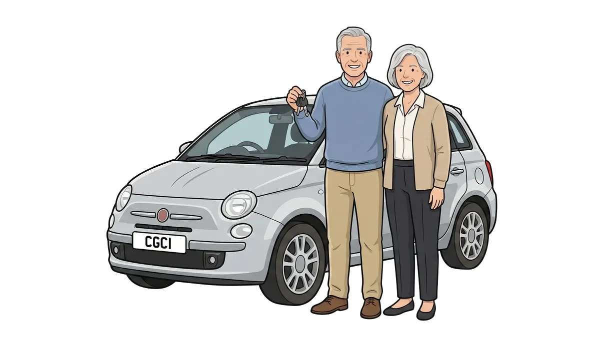 An older couple holding car keys beside their silver car.