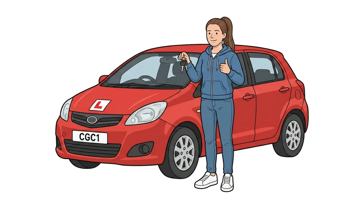 A young driver giving a thumbs up beside their first car with an L-plate and a CGC1 number plate.