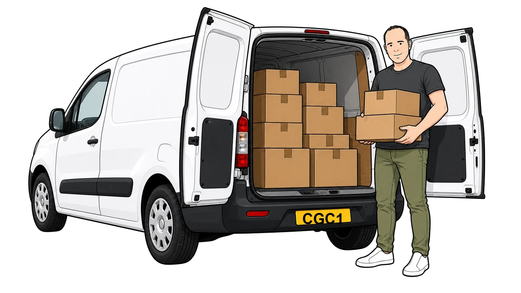 DPD delivery driver unloading parcels from a white van with CGC1 number plate
