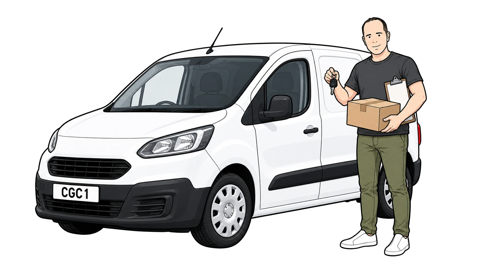 Ian, CGC insurance expert, standing next to a van holding keys for hire and reward insurance
