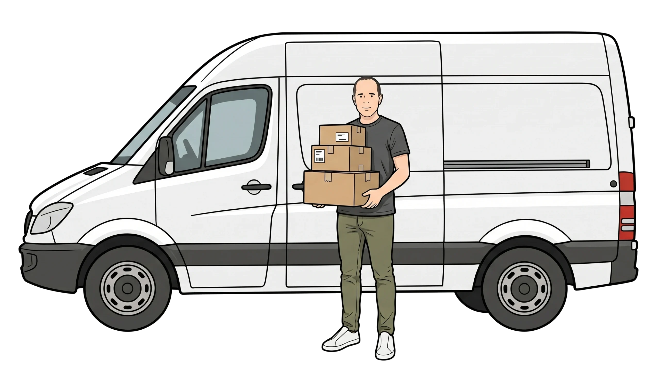 Ian, CGC insurance expert, holding a parcel next to a delivery van for parcel delivery insurance