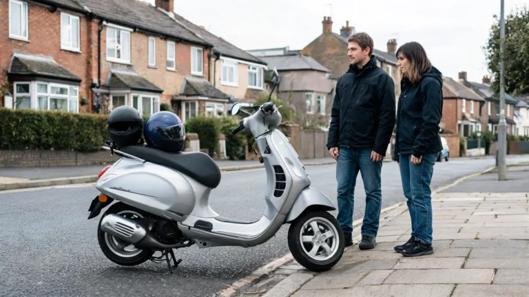 A moped with two helmets beside it to represent pillion passenger insurance cover