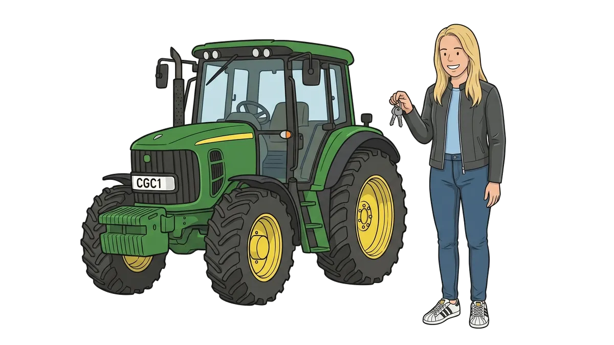 Susan Difford holding keys beside a farm tractor.