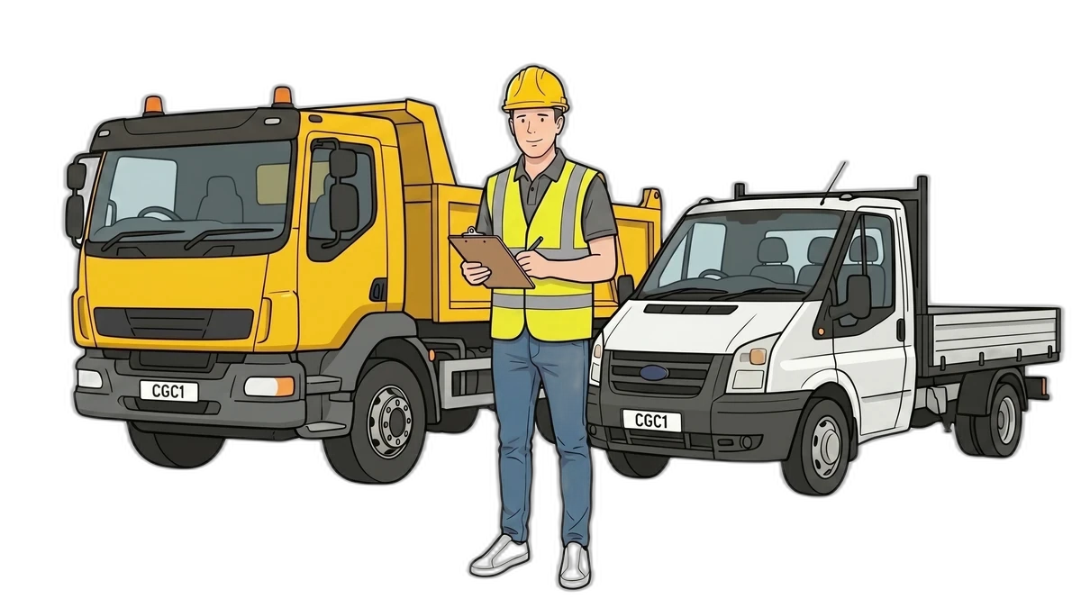 Ian in hi-vis beside construction fleet vehicles.