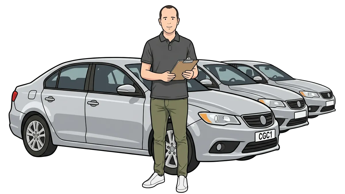 Ian beside a fleet of company cars.