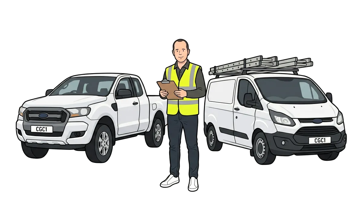 Ian in work clothes beside a contractor pickup and van.