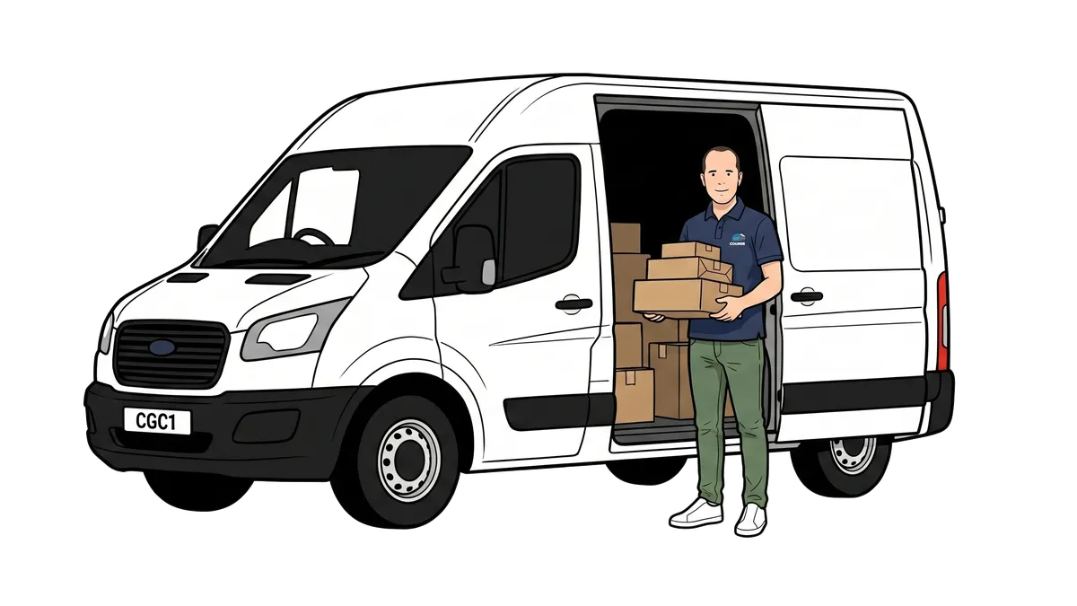 Ian holding parcels beside a white courier van.