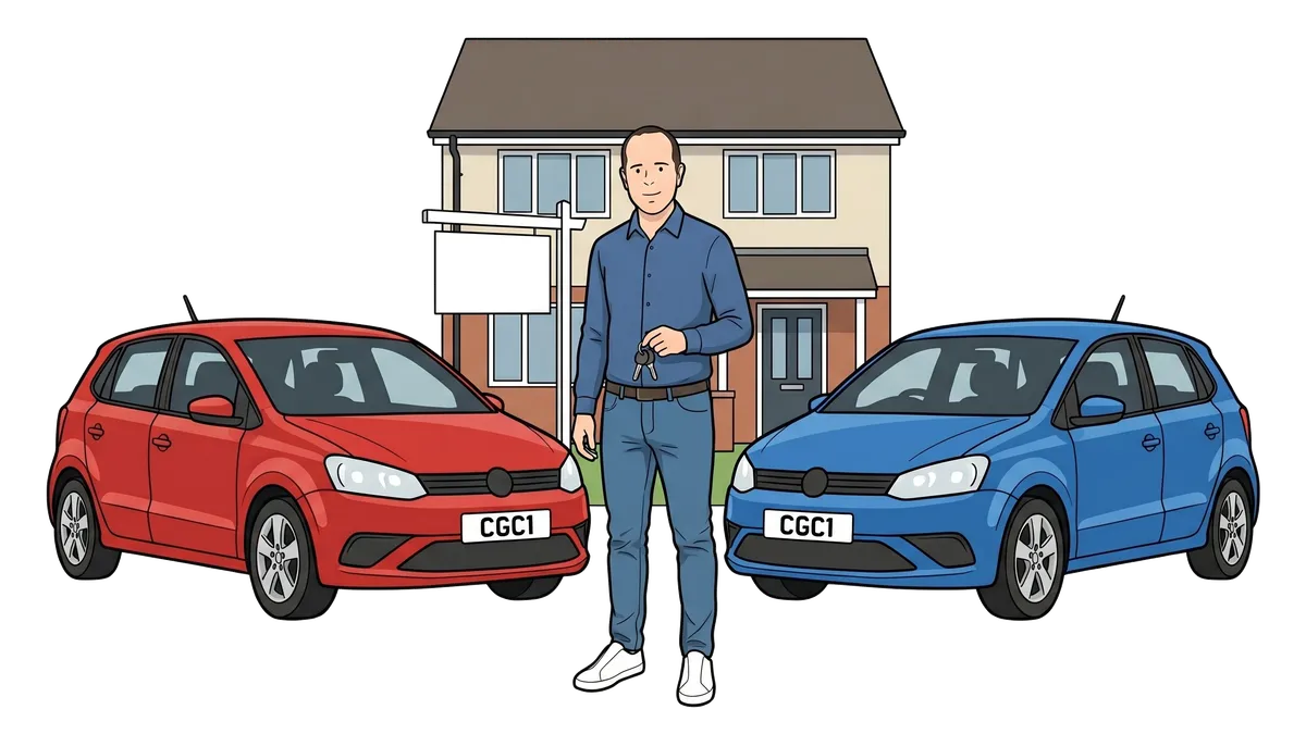 Ian beside estate-agent cars outside a house.