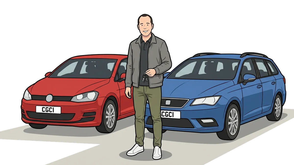 Ian beside two family cars on a driveway.