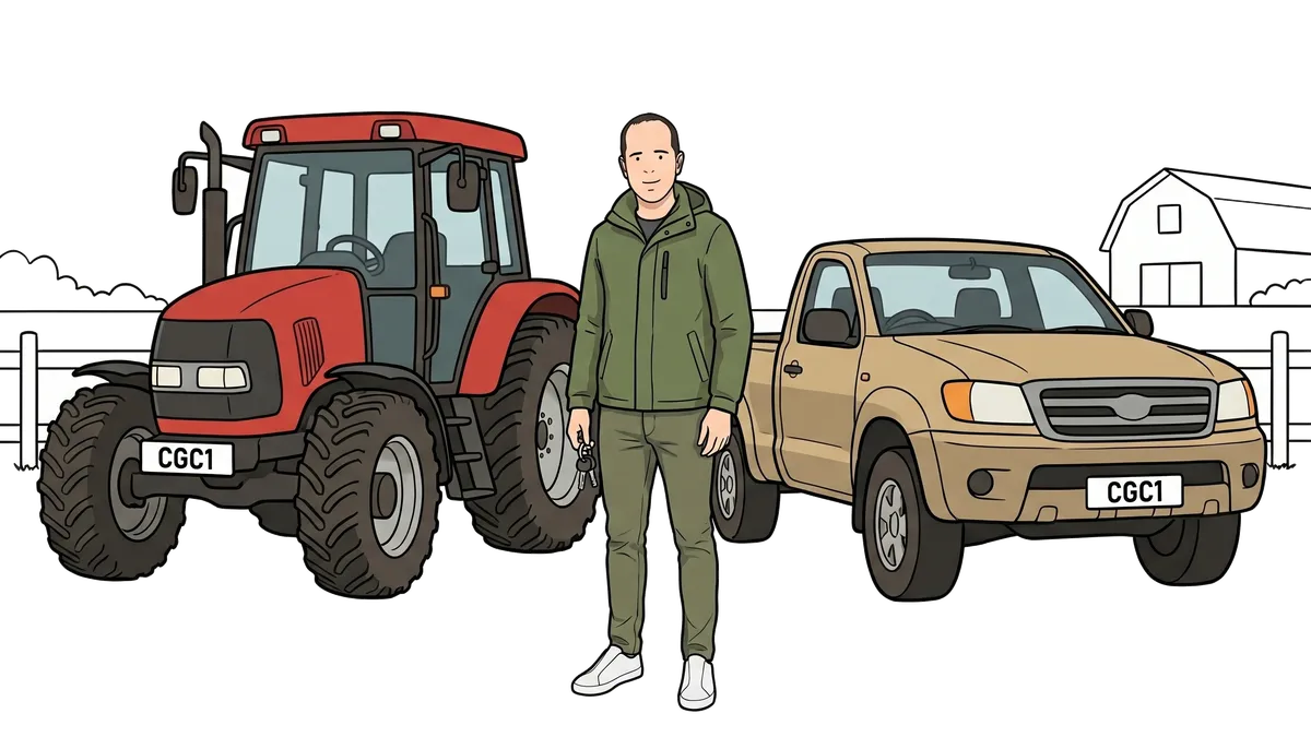 Ian beside farm fleet vehicles, a tractor and a pickup.