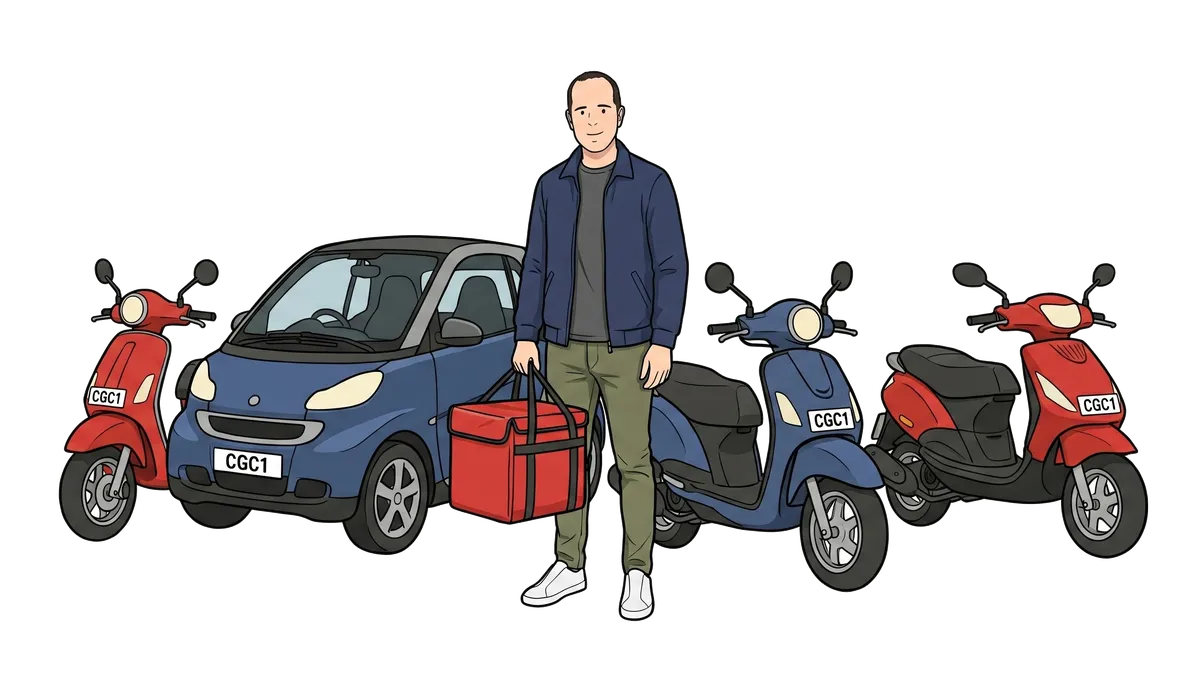 Ian with a food delivery bag beside delivery mopeds.