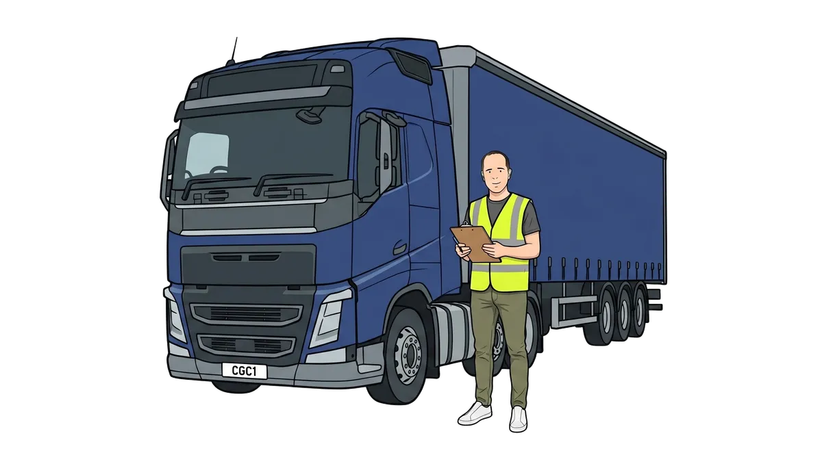 Ian in hi-vis beside an articulated haulage lorry.