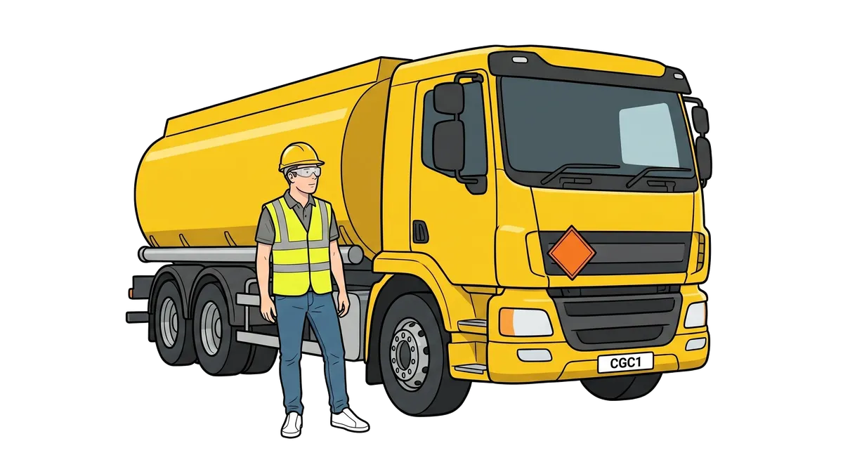 Ian in safety gear beside a hazardous-goods tanker lorry.